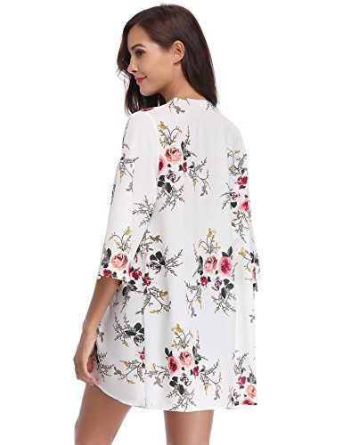 Aibrou Cárdigan Kimonos Mujer Camisolas y Pareos Pareo Playa,Cardigan Verano Manga 3/6 Tops Blusa Floral Suelta,Vacaciones Playa Chal,(Blanco, XL)