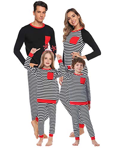 Aibrou Conjunto de Pijamas Navidad de Familia,Camiseta de Manga Larga + Pantalones Largos,algodón Rayas Suave Ropa Conjunto Familia a Dormir,Pijama Parejas. (Niños Negro M)