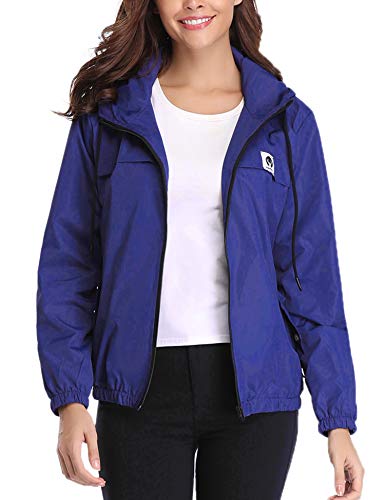 Aibrou Cortavientos Abrigos Impermeables con Capucha Ligera para Mujer,Chubasquero Deporte para al Aire Libre,Ropa de Secado Rápido Chaqueta de Viento e Impermeable, (Azul, XL)