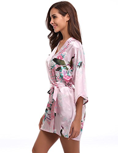 Aibrou Kimono Mujer Novia Bata Corto Sexy y Elegante con Pavo & Flores Pijamas Albornozes Camison Mujer Suave,Cómodo,Sedoso y Agradable