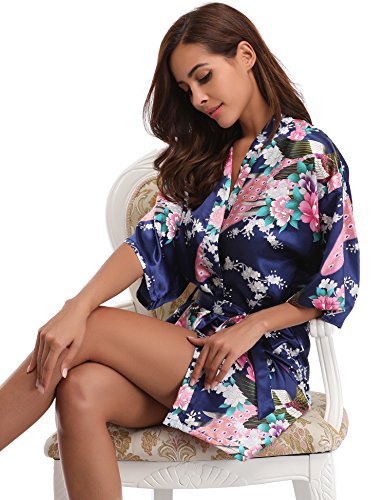 Aibrou Kimono Mujer Novia Bata Corto Sexy y Elegante con Pavo & Flores Pijamas Albornozes Camison Mujer Suave,Cómodo,Sedoso y Agradable