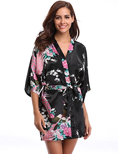 Aibrou Kimono Mujer Novia Bata Corto Sexy y Elegante con Pavo & Flores Pijamas Albornozes Camison Mujer Suave,Cómodo,Sedoso y Agradable