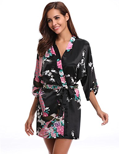 Aibrou Kimono Mujer Novia Bata Corto Sexy y Elegante con Pavo & Flores Pijamas Albornozes Camison Mujer Suave,Cómodo,Sedoso y Agradable