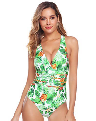 Aibrou Mujer Cuello en V Profundo Bañador Una Pieza Halter con Espalda Vendaje Traje de baño Monokini, (Blanco Hoja Verde, L)