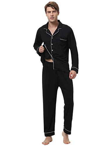 Aibrou Pijama Hombre Invierno Algodón,Pijamas de casa con Boton Ropa de Dormir Casual 2 Piezas Suave y Cómodo