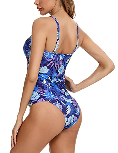 Aibrou Tankini 2 Piezas Trajes de Baño Mujer Bañador Sexy Traje de Baño Estampado Lunares Conjunto Bañador Tirantes Finos Tankini Playa Azul Flor M