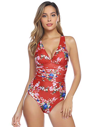 Aibrou Traje de Baño Cuello en V Profundo Sexys Bañador Una Pieza Halter con Espalda Vendaje bañadores Mujer reductores Monokini, (Rojo Flor, L)