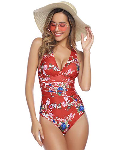 Aibrou Traje de Baño Cuello en V Profundo Sexys Bañador Una Pieza Halter con Espalda Vendaje bañadores Mujer reductores Monokini, (Rojo Flor, L)