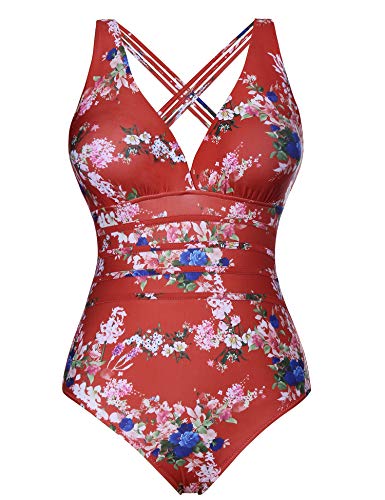 Aibrou Traje de Baño Cuello en V Profundo Sexys Bañador Una Pieza Halter con Espalda Vendaje bañadores Mujer reductores Monokini, (Rojo Flor, L)