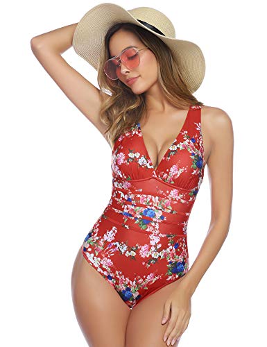 Aibrou Traje de Baño Cuello en V Profundo Sexys Bañador Una Pieza Halter con Espalda Vendaje bañadores Mujer reductores Monokini, (Rojo Flor, L)