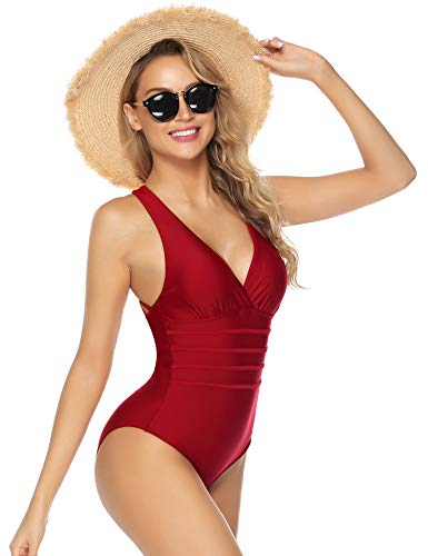 Aibrou Traje de Baño Cuello en V Profundo Sexys Bañador Una Pieza Halter con Espalda Vendaje bañadores Mujer reductores Monokini, (Rojo, XXL)