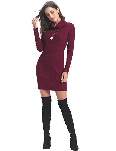 Aibrou Vestido a Punto Suéter Elegante para Mujer Jerséy Clásico para Otoño Invierno,Vestido Jersey Cuello Alto Vino Tinto XL