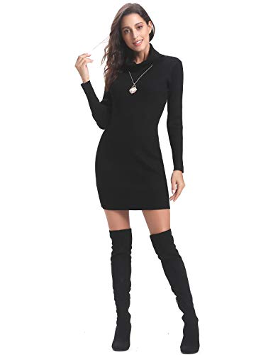 Aibrou Vestido de Punto Cuello Alto para Mujer,Vestido Ajustado Manga Larga Elegante Clásico,Vestidos Jersey Invierno (Negro, XL)