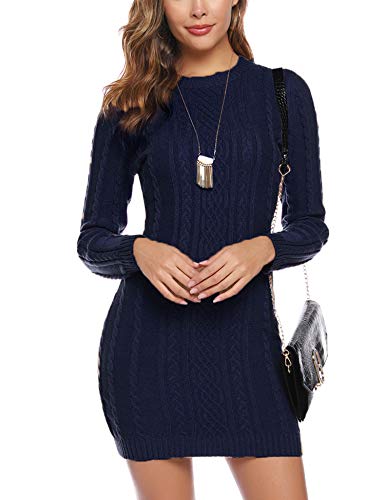 Aibrou Vestido Sueter de Punto Cuello Redondo para Mujer,Elegante Vestido de Suéter Manga Larga Elástico Delgado Clásico,Sexy Jersey Falda de Cadera Armada L