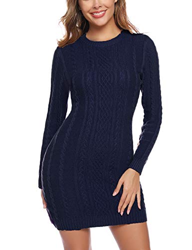 Aibrou Vestido Sueter de Punto Cuello Redondo para Mujer,Elegante Vestido de Suéter Manga Larga Elástico Delgado Clásico,Sexy Jersey Falda de Cadera Armada L