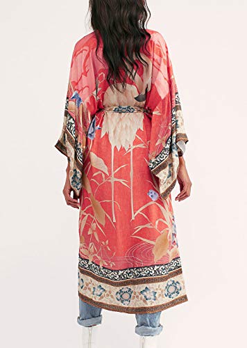 AiJump Vestido de Playa Floral Kimono para Bañador Pareos Camisa Larga de Verano Cover Ups para Mujer