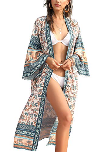 AiJump Vestido de Playa Floral Kimono para Bañador Pareos Camisa Larga de Verano Cover Ups para Mujer