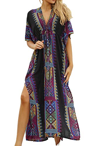 AiJump Vestido de Playa Pareo Maxi Kaftan Estampado de Algodón Bañador Cover Up Mujer