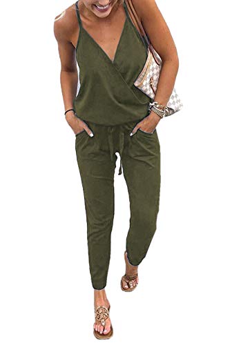 Ajpguot Verano Mujer V-Cuello Sin Mangas Monos Color sólido Mamelucos Sexy Sin Respaldo Jumpsuits de Playa Rompers (M, Ejército Verde)