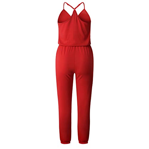 Ajpguot Verano Mujer V-Cuello Sin Mangas Monos Color sólido Mamelucos Sexy Sin Respaldo Jumpsuits de Playa Rompers (M, Rojo)