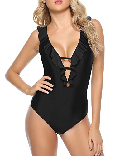 Akalnny Bañadores de Mujer Traje de Baño una Pieza Forro Doble Volantes Elegantes Cuello en V Sexy Halter Correas Cruzadas Bikini (Negro, XL)