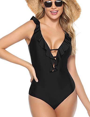 Akalnny Bañadores de Mujer Traje de Baño una Pieza Forro Doble Volantes Elegantes Cuello en V Sexy Halter Correas Cruzadas Bikini (Negro, XL)