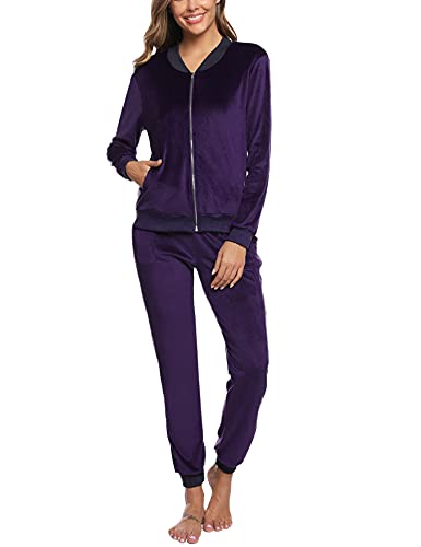 Akalnny Chándal Conjunto Mujer de Terciopelo Informal Pijamas Trajes Chaquetas de Manga Larga con Cremallera + Pantalones de Cintura Alta Morado