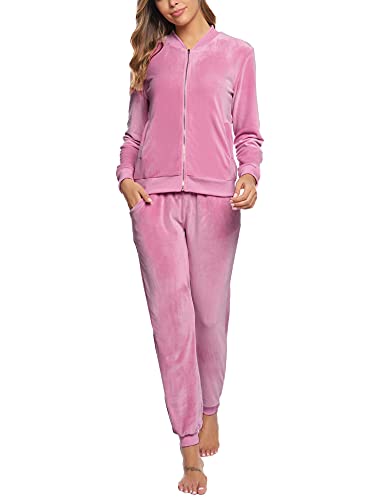 Akalnny Chándal Conjunto Mujer de Terciopelo Informal Pijamas Trajes Chaquetas de Manga Larga con Cremallera + Pantalones de Cintura Alta Rosa Oscuro