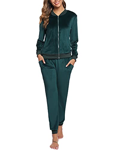 Akalnny Chándal Conjunto Mujer de Terciopelo Informal Pijamas Trajes Chaquetas de Manga Larga con Cremallera + Pantalones de Cintura Alta Verde