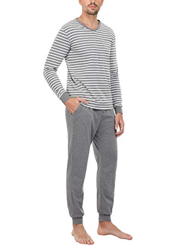 Akalnny Pijamas Hombre Invierno Algodón Cómodo Conjunto de Ropa de Dormir Casa Pantalon Camisa Larga de Rayas