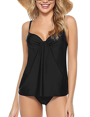 Akalnny Tankinis Traje de Baño de Dos Piezas para Mujer Sexy Drapeado Tank Top + Bikini Briefs(Negro, M)