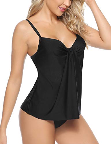 Akalnny Tankinis Traje de Baño de Dos Piezas para Mujer Sexy Drapeado Tank Top + Bikini Briefs(Negro, M)