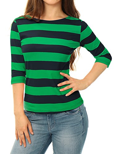 Allegra K Blusa De Rayas Mangas del Codo Cuello Barco para Mujeres Verde Oscuro L