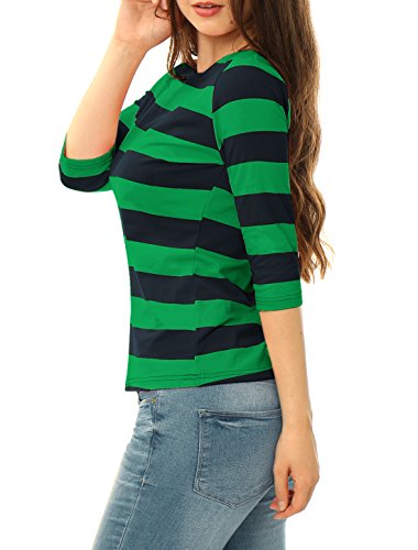 Allegra K Blusa De Rayas Mangas del Codo Cuello Barco para Mujeres Verde Oscuro L