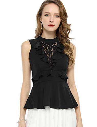 Allegra K Blusa Top Sin Mangas De Peplum Recorte De Espalda Cuello Halter Frente De Encaje Floral con Volantes para Mujeres Negro XL