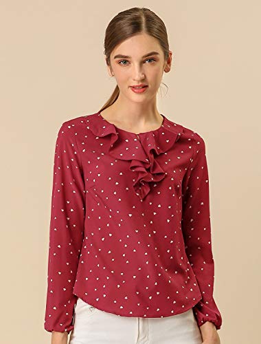 Allegra K Blusa Túnica Camisa Lunares Vintage Manga Larga Cuello De Volantes para Mujer Rojo XL