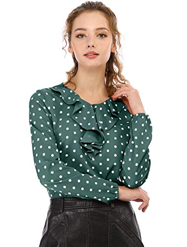 Allegra K Blusa Túnica Camisa Lunares Vintage Manga Larga Cuello De Volantes para Mujer Verde Oscuro L