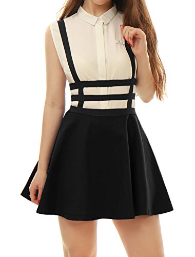 Allegra K Falda Mini con Tirantes Cintura Elástica Falda Acampanada Recortada Corte A-Línea para Mujer Negro XS