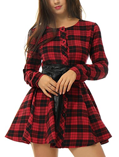 Allegra K Vestido Acampanado De Cuadros Mangas Largas con Cinturón Vestido Mini Camisero para Mujer Negro y Rojo L