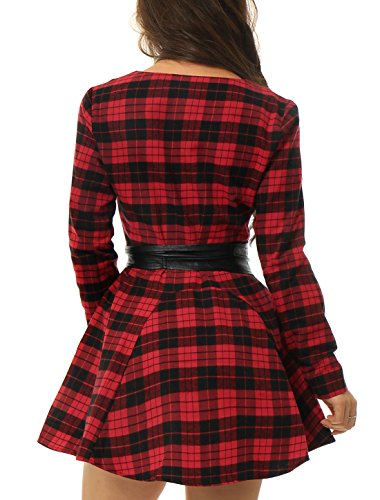 Allegra K Vestido Acampanado De Cuadros Mangas Largas con Cinturón Vestido Mini Camisero para Mujer Negro y Rojo M