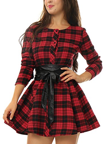 Allegra K Vestido Acampanado De Cuadros Mangas Largas con Cinturón Vestido Mini Camisero para Mujer Negro y Rojo XL