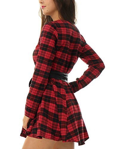 Allegra K Vestido Acampanado De Cuadros Mangas Largas con Cinturón Vestido Mini Camisero para Mujer Negro y Rojo XL