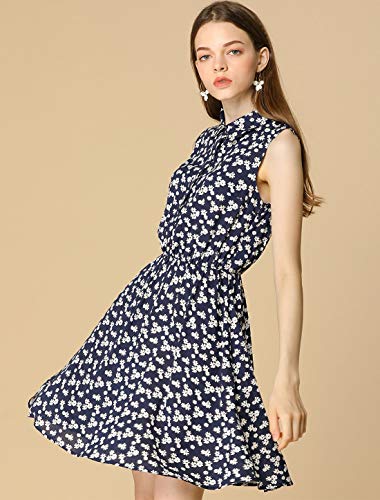 Allegra K Vestido Camisero Estampado Floral Sin Mangas con cinturón Medio Tapeta por Encima De La Rodilla para Mujeres Azul Oscuro-Floral Blanco XS