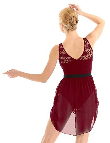 Alvivi Vestido de Danza Contemporanea Mujer Cuello V Maillots Ballet Falda de Gasa Asimétrica Leotardo Gimnasia Patinaje Ritmico Fitness Monos Burgundy Small