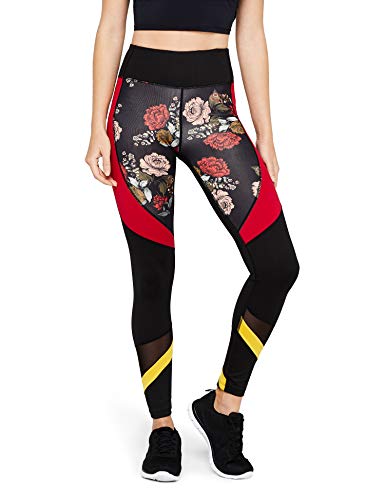 Amazon Brand - AURIQUE Leggings deportivos con paneles para mujer, Negro (Black/Red Floral Print), 42, Label:L