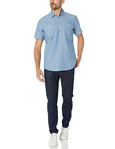 Amazon Essentials - Camisa de cambray de manga corta para hombre, Azul medio, US M (EU M)