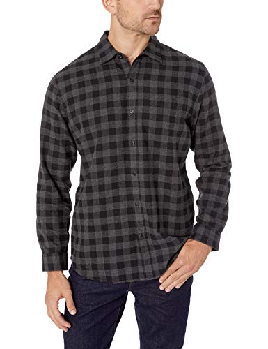 Amazon Essentials - Camisa de franela a cuadros de manga larga y ajuste regular para hombre, Gris (Charcoal Buffalo Plaid), US S (EU S)