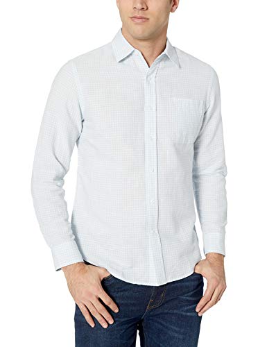 Amazon Essentials - Camisa de lino con manga larga, corte entallado y estampado para hombre, Celeste (Light Blue Gingham), US L (EU L)