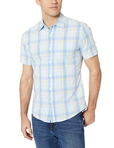 Amazon Essentials – Camisa de popelín de manga corta de corte entallado para hombre, Aqua/Blue Plaid, US L (EU L)