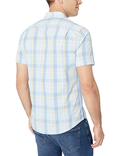 Amazon Essentials – Camisa de popelín de manga corta de corte entallado para hombre, Aqua/Blue Plaid, US L (EU L)